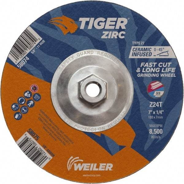 Weiler - 24 Grit, 7" Wheel Diam, 1/4" Wheel Thickness, Type 27 Depressed Center Wheel - Coarse Grade, Zirconia Alumina, Resinoid Bond, T Hardness, 8,500 Max RPM - Eagle Tool & Supply