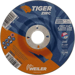 Weiler - 24 Grit, 5" Wheel Diam, 1/4" Wheel Thickness, 7/8" Arbor Hole, Type 27 Depressed Center Wheel - Coarse Grade, Zirconia Alumina, Resinoid Bond, T Hardness, 12,200 Max RPM - Eagle Tool & Supply