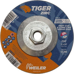Weiler - 24 Grit, 5" Wheel Diam, 1/4" Wheel Thickness, Type 27 Depressed Center Wheel - Coarse Grade, Zirconia Alumina, Resinoid Bond, T Hardness, 12,200 Max RPM - Eagle Tool & Supply
