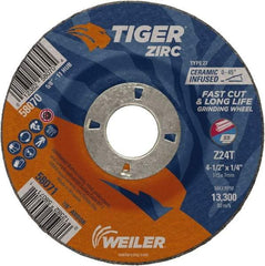 Weiler - 24 Grit, 4-1/2" Wheel Diam, 1/4" Wheel Thickness, 7/8" Arbor Hole, Type 27 Depressed Center Wheel - Coarse Grade, Zirconia Alumina, Resinoid Bond, T Hardness, 13,300 Max RPM - Eagle Tool & Supply