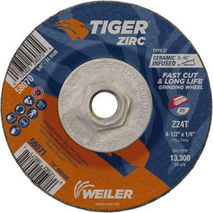 Weiler - 24 Grit, 4-1/2" Wheel Diam, 1/4" Wheel Thickness, Type 27 Depressed Center Wheel - Coarse Grade, Zirconia Alumina, Resinoid Bond, T Hardness, 13,300 Max RPM - Eagle Tool & Supply