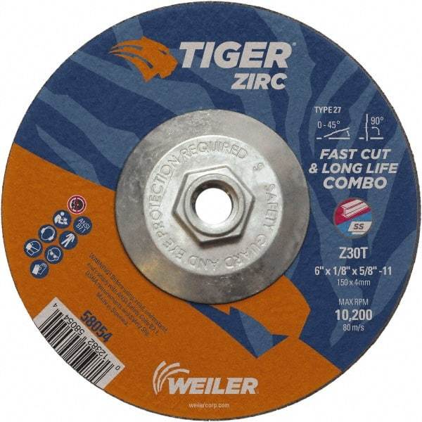 Weiler - 30 Grit, 6" Wheel Diam, 1/8" Wheel Thickness, Type 27 Depressed Center Wheel - Medium Grade, Zirconia Alumina, Resinoid Bond, T Hardness, 10,200 Max RPM - Eagle Tool & Supply