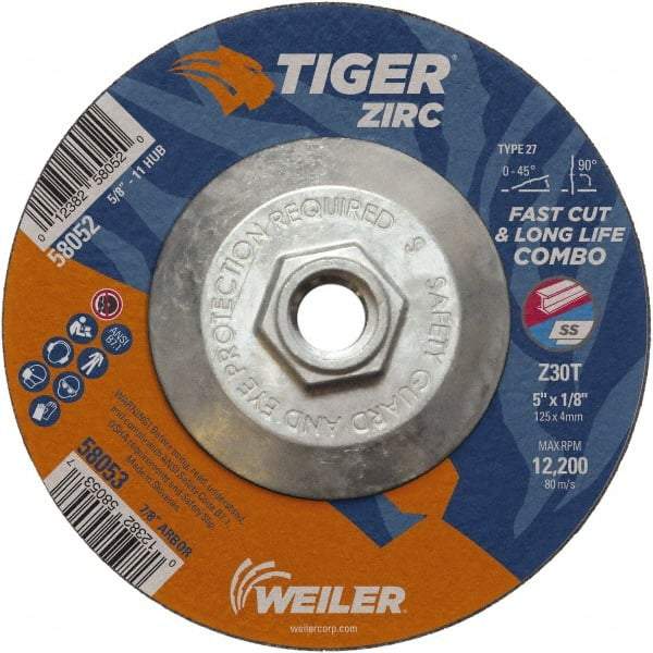 Weiler - 30 Grit, 5" Wheel Diam, 1/8" Wheel Thickness, Type 27 Depressed Center Wheel - Medium Grade, Zirconia Alumina, Resinoid Bond, T Hardness, 12,200 Max RPM - Eagle Tool & Supply