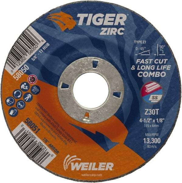 Weiler - 30 Grit, 4-1/2" Wheel Diam, 1/8" Wheel Thickness, 7/8" Arbor Hole, Type 27 Depressed Center Wheel - Medium Grade, Zirconia Alumina, Resinoid Bond, T Hardness, 13,300 Max RPM - Eagle Tool & Supply