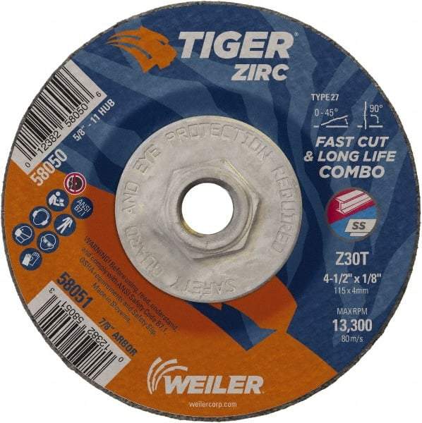 Weiler - 30 Grit, 4-1/2" Wheel Diam, 1/8" Wheel Thickness, Type 27 Depressed Center Wheel - Medium Grade, Zirconia Alumina, Resinoid Bond, T Hardness, 13,300 Max RPM - Eagle Tool & Supply