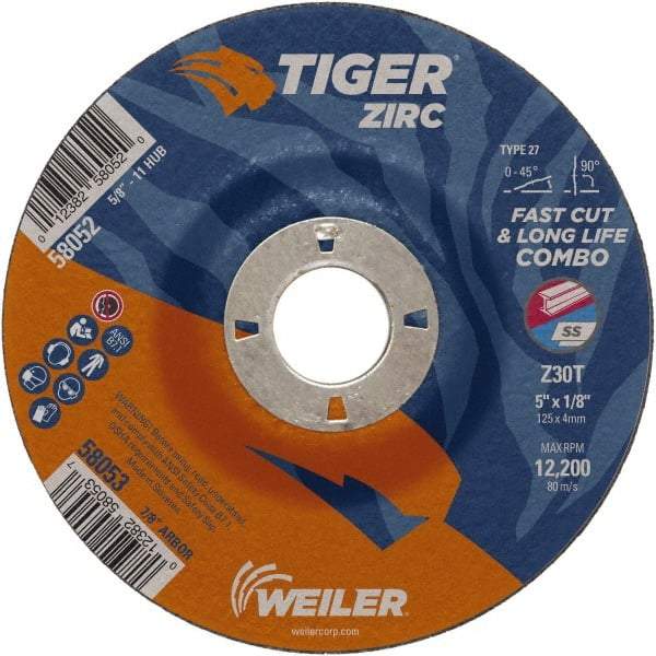Weiler - 30 Grit, 5" Wheel Diam, 1/8" Wheel Thickness, 7/8" Arbor Hole, Type 27 Depressed Center Wheel - Medium Grade, Zirconia Alumina, Resinoid Bond, T Hardness, 12,200 Max RPM - Eagle Tool & Supply
