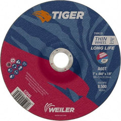 Weiler - 60 Grit, 7" Wheel Diam, 7/8" Arbor Hole, Type 27 Depressed Center Wheel - Medium Grade, Aluminum Oxide, Resinoid Bond, T Hardness, 8,500 Max RPM - Eagle Tool & Supply