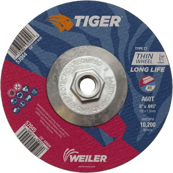 Weiler - 60 Grit, 6" Wheel Diam, Type 27 Depressed Center Wheel - Medium Grade, Aluminum Oxide, Resinoid Bond, T Hardness, 10,200 Max RPM - Eagle Tool & Supply