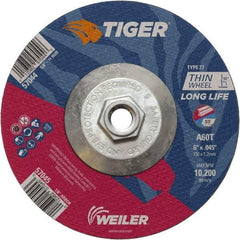 Weiler - 60 Grit, 6" Wheel Diam, Type 27 Depressed Center Wheel - Medium Grade, Aluminum Oxide, Resinoid Bond, T Hardness, 10,200 Max RPM - Eagle Tool & Supply