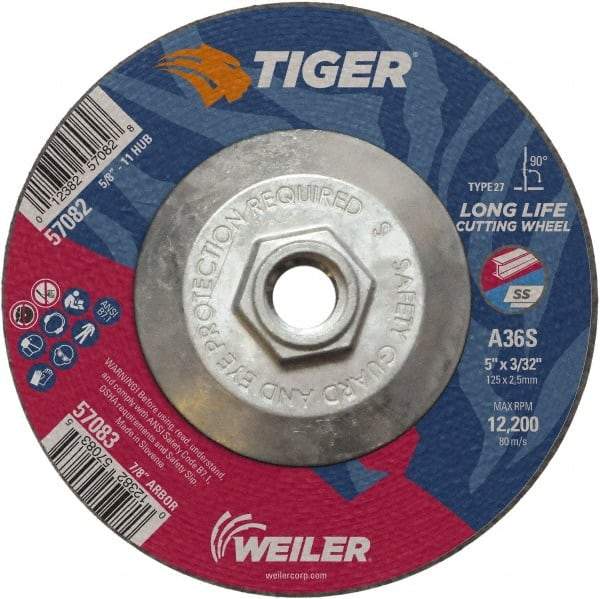 Weiler - 60 Grit, 5" Wheel Diam, 3/32" Wheel Thickness, Type 27 Depressed Center Wheel - Medium Grade, Aluminum Oxide, Resinoid Bond, T Hardness, 12,200 Max RPM - Eagle Tool & Supply