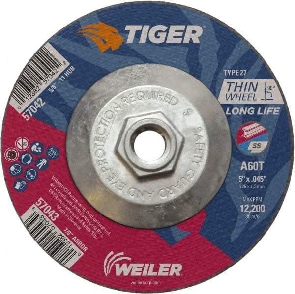 Weiler - 60 Grit, 5" Wheel Diam, Type 27 Depressed Center Wheel - Medium Grade, Aluminum Oxide, Resinoid Bond, T Hardness, 12,200 Max RPM - Eagle Tool & Supply