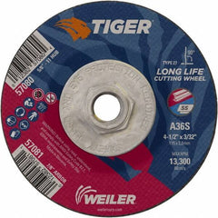 Weiler - 60 Grit, 4-1/2" Wheel Diam, 3/32" Wheel Thickness, Type 27 Depressed Center Wheel - Medium Grade, Aluminum Oxide, Resinoid Bond, T Hardness, 13,300 Max RPM - Eagle Tool & Supply