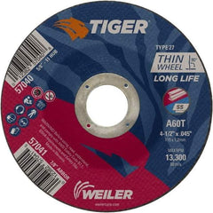 Weiler - 60 Grit, 4-1/2" Wheel Diam, Type 27 Depressed Center Wheel - Medium Grade, Aluminum Oxide, Resinoid Bond, T Hardness, 13,300 Max RPM - Eagle Tool & Supply