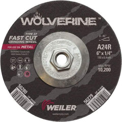 Weiler - 24 Grit, 6" Wheel Diam, 1/4" Wheel Thickness, Type 27 Depressed Center Wheel - Coarse Grade, Aluminum Oxide, Resinoid Bond, R Hardness, 10,200 Max RPM - Eagle Tool & Supply