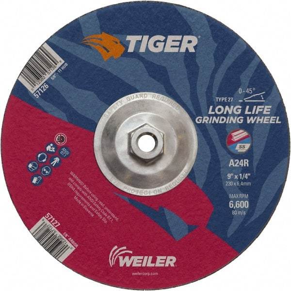 Weiler - 24 Grit, 9" Wheel Diam, 1/4" Wheel Thickness, Type 27 Depressed Center Wheel - Coarse Grade, Aluminum Oxide, Resinoid Bond, R Hardness, 6,600 Max RPM - Eagle Tool & Supply