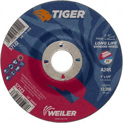 Weiler - 24 Grit, 5" Wheel Diam, 1/4" Wheel Thickness, 7/8" Arbor Hole, Type 27 Depressed Center Wheel - Coarse Grade, Aluminum Oxide, Resinoid Bond, R Hardness, 12,200 Max RPM - Eagle Tool & Supply