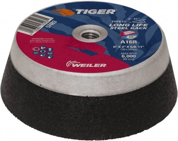Weiler - 6" Diam, 5/8" Hole Size, 2" Overall Thickness, 16 Grit, Type 11 Tool & Cutter Grinding Wheel - Very Coarse Grade, Aluminum Oxide, R Hardness, Resinoid Bond, 6,000 RPM - Eagle Tool & Supply