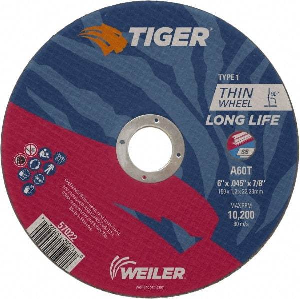 Weiler - 6" 60 Grit Aluminum Oxide Cutoff Wheel - 0.045" Thick, 7/8" Arbor, 10,200 Max RPM, Use with Angle Grinders - Eagle Tool & Supply