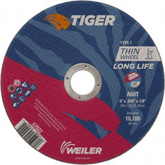 Weiler - 6" 60 Grit Aluminum Oxide Cutoff Wheel - 0.045" Thick, 7/8" Arbor, 10,200 Max RPM, Use with Angle Grinders - Eagle Tool & Supply