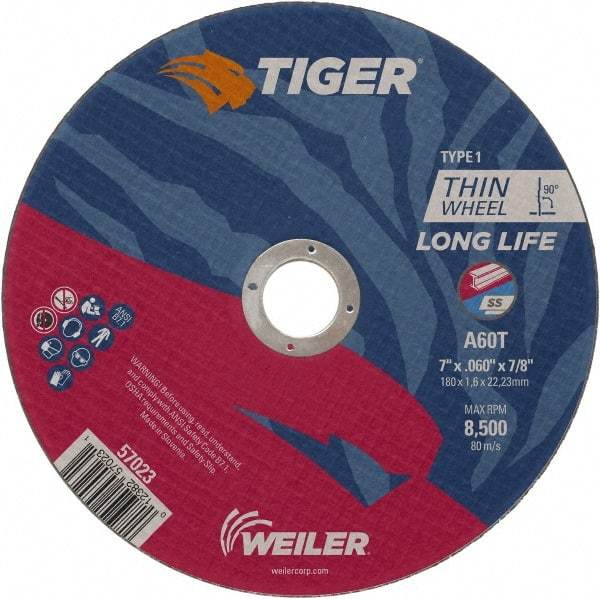 Weiler - 7" 60 Grit Aluminum Oxide Cutoff Wheel - 0.045" Thick, 7/8" Arbor, 8,500 Max RPM, Use with Angle Grinders - Eagle Tool & Supply