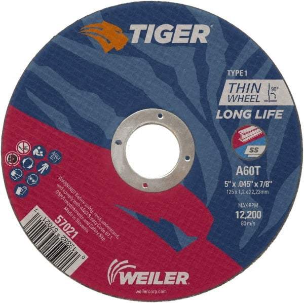 Weiler - 5" 60 Grit Aluminum Oxide Cutoff Wheel - 0.045" Thick, 7/8" Arbor, 12,200 Max RPM, Use with Angle Grinders - Eagle Tool & Supply