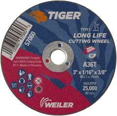 Weiler - 3" 36 Grit Aluminum Oxide Cutoff Wheel - 1/16" Thick, 3/8" Arbor, 25,000 Max RPM, Use with Die Grinders - Eagle Tool & Supply