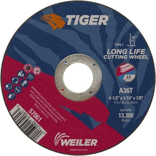 Weiler - 4-1/2" 60 Grit Aluminum Oxide Cutoff Wheel - 1/16" Thick, 7/8" Arbor, 13,300 Max RPM, Use with Angle Grinders - Eagle Tool & Supply