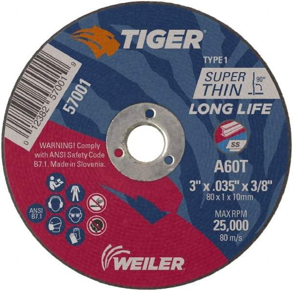 Weiler - 3" 60 Grit Aluminum Oxide Cutoff Wheel - 0.035" Thick, 3/8" Arbor, 25,000 Max RPM, Use with Die Grinders - Eagle Tool & Supply