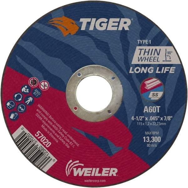 Weiler - 4-1/2" 60 Grit Aluminum Oxide Cutoff Wheel - 0.045" Thick, 7/8" Arbor, 13,300 Max RPM, Use with Angle Grinders - Eagle Tool & Supply