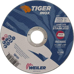 Weiler - 5" 60 Grit Aluminum Oxide Cutoff Wheel - 0.045" Thick, 7/8" Arbor, 12,200 Max RPM, Use with Angle Grinders - Eagle Tool & Supply