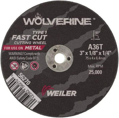 Weiler - 3" 36 Grit Aluminum Oxide Cutoff Wheel - 1/8" Thick, 1/4" Arbor, 25,000 Max RPM, Use with Die Grinders - Eagle Tool & Supply