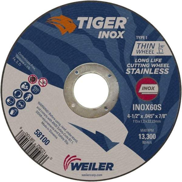 Weiler - 4-1/2" 60 Grit Aluminum Oxide Cutoff Wheel - 0.045" Thick, 7/8" Arbor, 13,300 Max RPM, Use with Angle Grinders - Eagle Tool & Supply