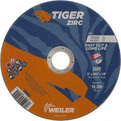 Weiler - 6" 60 Grit Zirconia Alumina Cutoff Wheel - 0.045" Thick, 7/8" Arbor, 10,200 Max RPM, Use with Angle Grinders - Eagle Tool & Supply