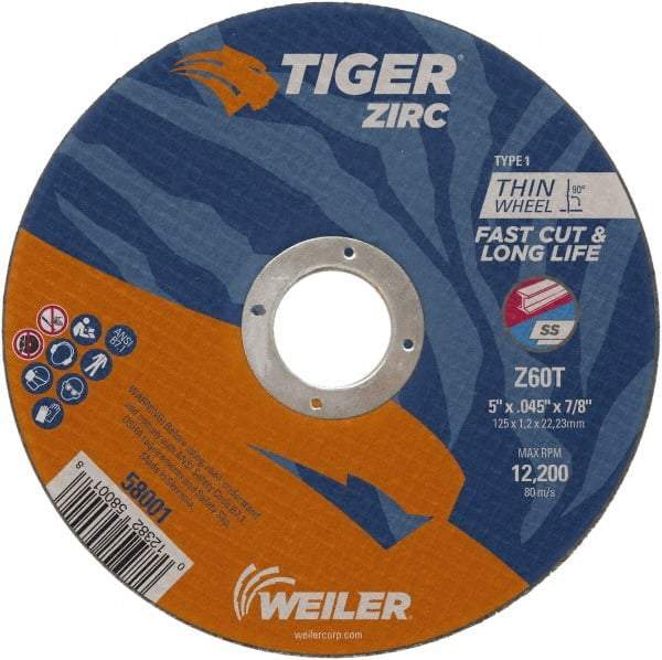 Weiler - 5" 60 Grit Zirconia Alumina Cutoff Wheel - 0.045" Thick, 7/8" Arbor, 12,200 Max RPM, Use with Angle Grinders - Eagle Tool & Supply