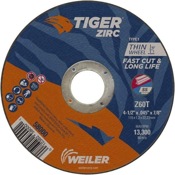 Weiler - 4-1/2" 60 Grit Zirconia Alumina Cutoff Wheel - 0.045" Thick, 7/8" Arbor, 13,300 Max RPM, Use with Angle Grinders - Eagle Tool & Supply