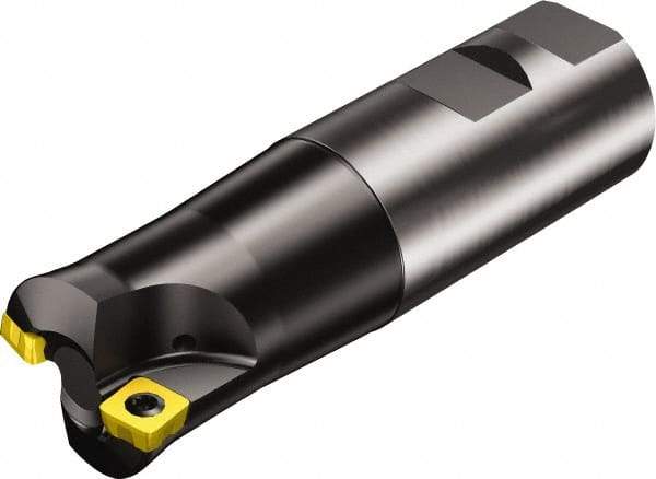 Sandvik Coromant - 1.378" Cut Diam, 8mm Max Depth of Cut, 1-1/4" Shank Diam, 4.282" OAL, Indexable Chamfer & Angle End Mill - Multiple Insert Styles, Weldon Shank, 10° Lead Angle, Through Coolant - Eagle Tool & Supply