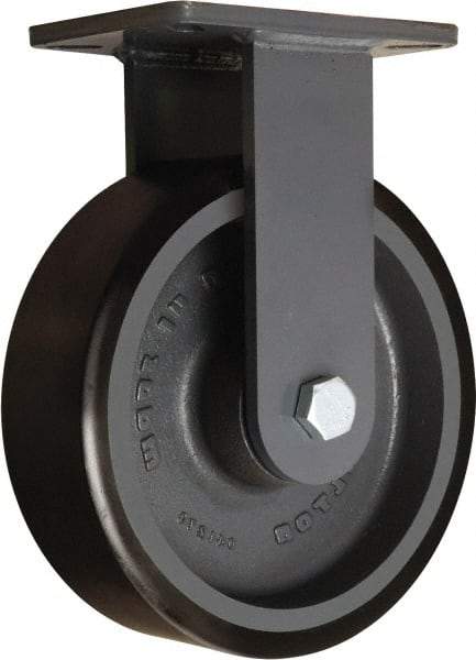Hamilton - 10" Diam x 3" Wide x 12-1/2" OAH Top Plate Mount Rigid Caster - Polyurethane Mold onto Cast Iron Center, 3,900 Lb Capacity, Tapered Roller Bearing, 5-1/4 x 7-1/4" Plate - Eagle Tool & Supply