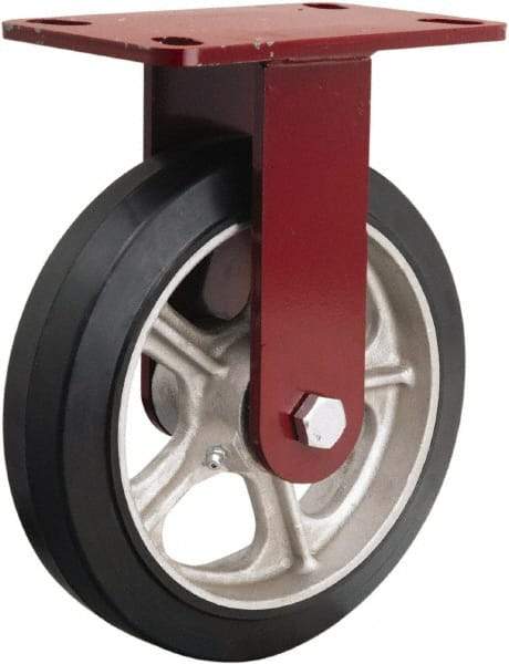 Hamilton - 8" Diam x 2" Wide x 9-3/4" OAH Top Plate Mount Rigid Caster - Rubber Mold on Cast Iron, 500 Lb Capacity, Tapered Roller Bearing, 4-1/2 x 6-1/2" Plate - Eagle Tool & Supply