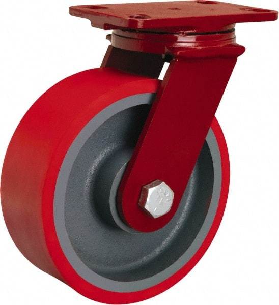 Hamilton - 8" Diam x 3" Wide x 10-1/4" OAH Top Plate Mount Rigid Caster - Polyurethane Mold on Forged Steel, 3,000 Lb Capacity, Sealed Precision Ball Bearing, 5 x 7" Plate - Eagle Tool & Supply