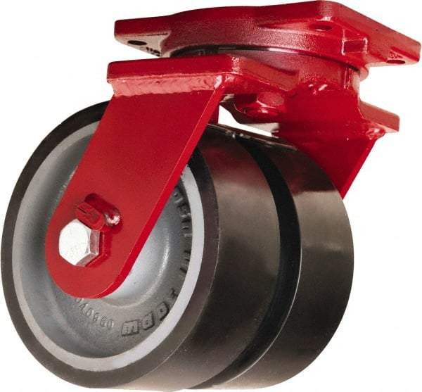 Hamilton - 8" Diam x 3" Wide x 10-1/2" OAH Top Plate Mount Dual Swivel Caster - Polyurethane Mold onto Cast Iron Center, 6,500 Lb Capacity, Tapered Roller Bearing, 6-1/8 x 7-1/2" Plate - Eagle Tool & Supply
