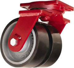 Hamilton - 6" Diam x 3" Wide x 8-1/2" OAH Top Plate Mount Dual Swivel Caster - Polyurethane Mold onto Cast Iron Center, 5,720 Lb Capacity, Tapered Roller Bearing, 6-1/8 x 7-1/2" Plate - Eagle Tool & Supply