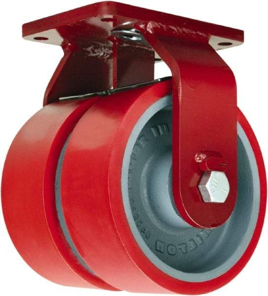 Hamilton - 10" Diam x 3" Wide x 12-1/2" OAH Top Plate Mount Dual Rigid Caster - Polyurethane Mold onto Cast Iron Center, 7,000 Lb Capacity, Tapered Roller Bearing, 5-1/2 x 7-1/2" Plate - Eagle Tool & Supply