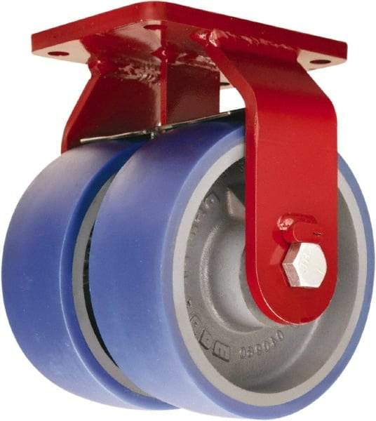 Hamilton - 6" Diam x 3" Wide x 8-1/2" OAH Top Plate Mount Dual Rigid Caster - Polyurethane Mold onto Cast Iron Center, 3,600 Lb Capacity, Tapered Roller Bearing, 5-1/2 x 7-1/2" Plate - Eagle Tool & Supply