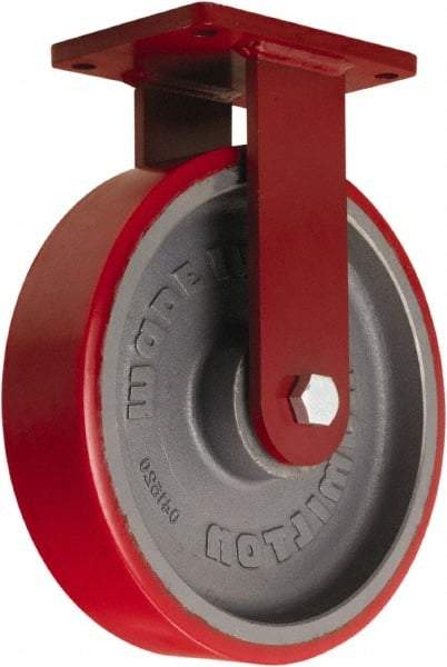 Hamilton - 12" Diam x 3" Wide x 14-1/2" OAH Top Plate Mount Rigid Caster - Polyurethane Mold onto Cast Iron Center, 4,200 Lb Capacity, Tapered Roller Bearing, 5-1/2 x 7-1/2" Plate - Eagle Tool & Supply