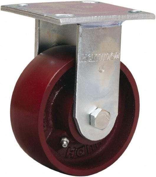 Hamilton - 5" Diam x 2" Wide x 6-1/2" OAH Top Plate Mount Rigid Caster - Cast Iron, 1,250 Lb Capacity, Precision Ball Bearing, 4 x 4-1/2" Plate - Eagle Tool & Supply