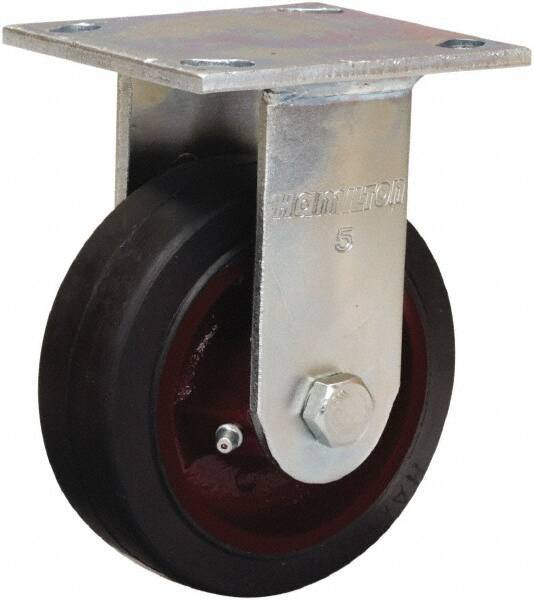 Hamilton - 4" Diam x 2" Wide x 5-5/8" OAH Top Plate Mount Rigid Caster - Rubber Mold on Cast Iron, Straight Roller Bearing, 4 x 4-1/2" Plate - Eagle Tool & Supply