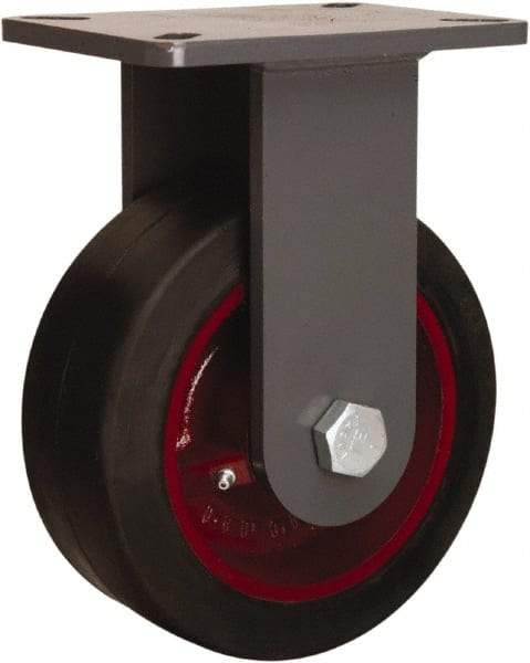 Hamilton - 8" Diam x 3" Wide x 10-1/2" OAH Top Plate Mount Rigid Caster - Rubber Mold on Cast Iron, 840 Lb Capacity, Precision Tapered Roller Bearing, 5-1/4 x 7-1/4" Plate - Eagle Tool & Supply