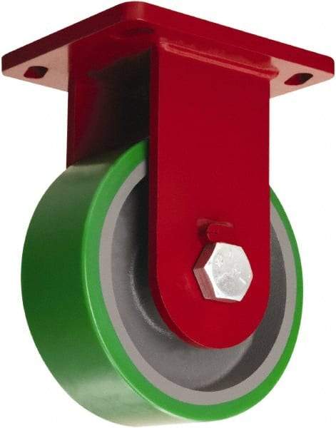 Hamilton - 8" Diam x 4" Wide x 10-1/2" OAH Top Plate Mount Rigid Caster - Polyurethane Mold onto Cast Iron Center, 3,200 Lb Capacity, Tapered Roller Bearing, 6-1/2 x 7-1/2" Plate - Eagle Tool & Supply