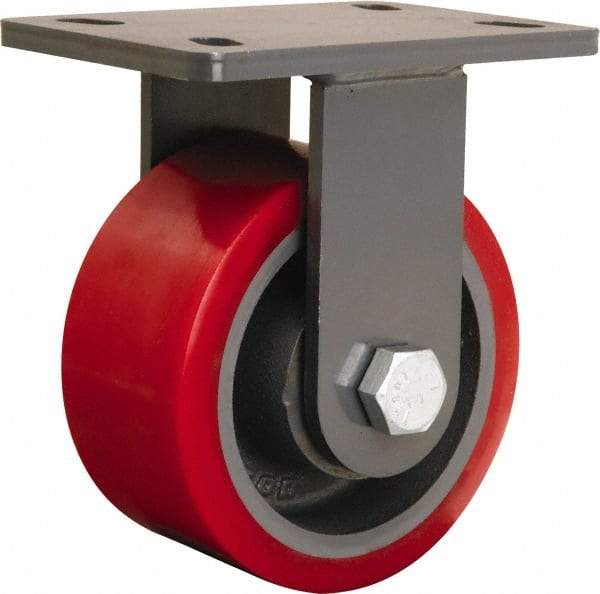 Hamilton - 6" Diam x 3" Wide x 7-3/4" OAH Top Plate Mount Rigid Caster - Polyurethane Mold onto Cast Iron Center, 2,400 Lb Capacity, Tapered Roller Bearing, 5 x 7" Plate - Eagle Tool & Supply