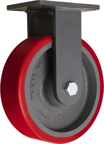 Hamilton - 10" Diam x 3" Wide x 12-1/2" OAH Top Plate Mount Rigid Caster - Polyurethane Mold onto Cast Iron Center, 3,600 Lb Capacity, Tapered Roller Bearing, 5-1/4 x 7-1/4" Plate - Eagle Tool & Supply